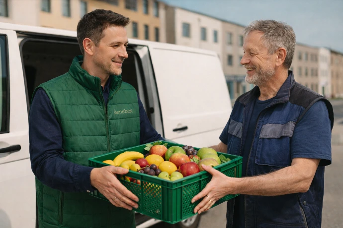 Übergabe von Obst Überresten an Mitglied der örtlichen Tafel